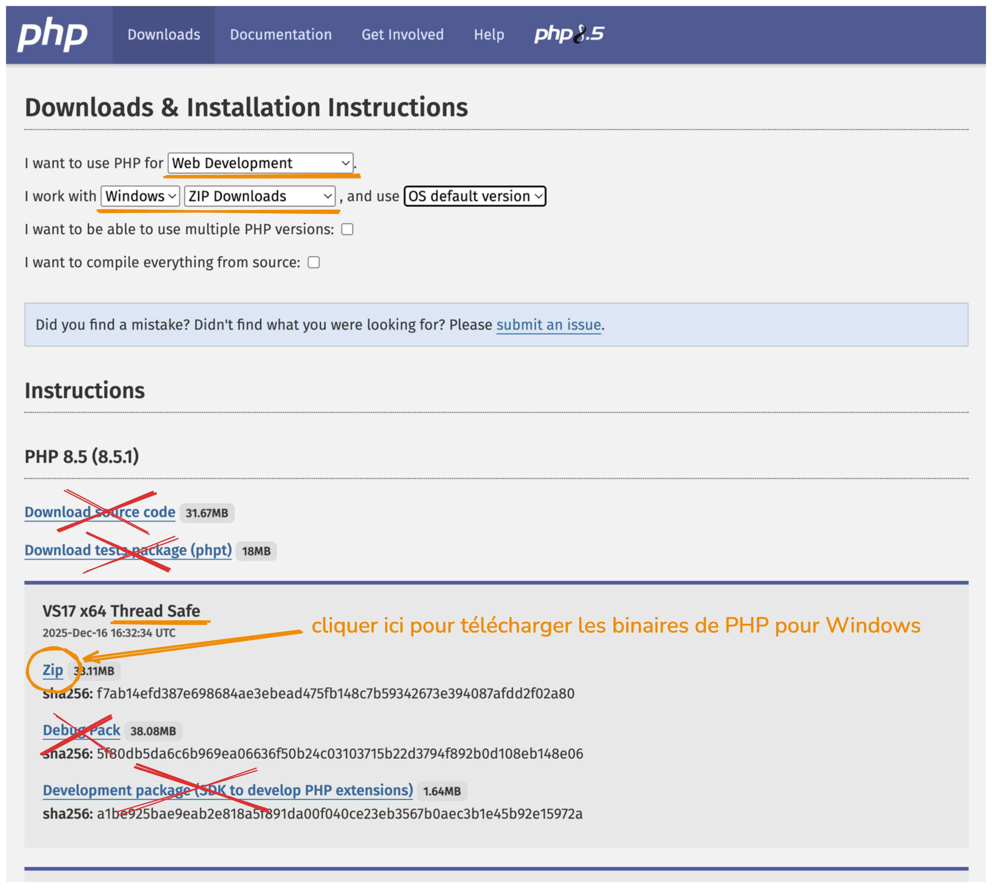 Téléchargement de PHP depuis le site officiel
